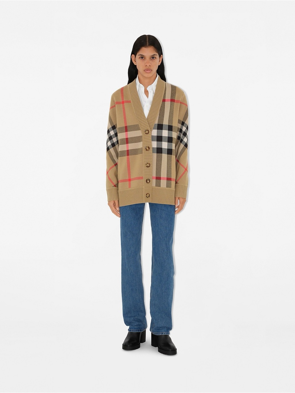 Burberry “Archive Beige” Check Pattern Wool Blend Jacquard Knit Cardigan Size S
